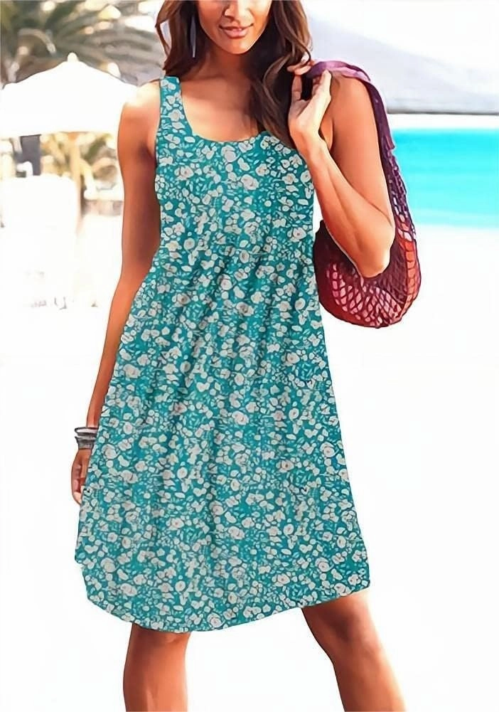 Camisunny Women Casual Loose Tank Dresses Sleeveless Beach Vacation Dress Swing Pleated U Neck Fashion Soft