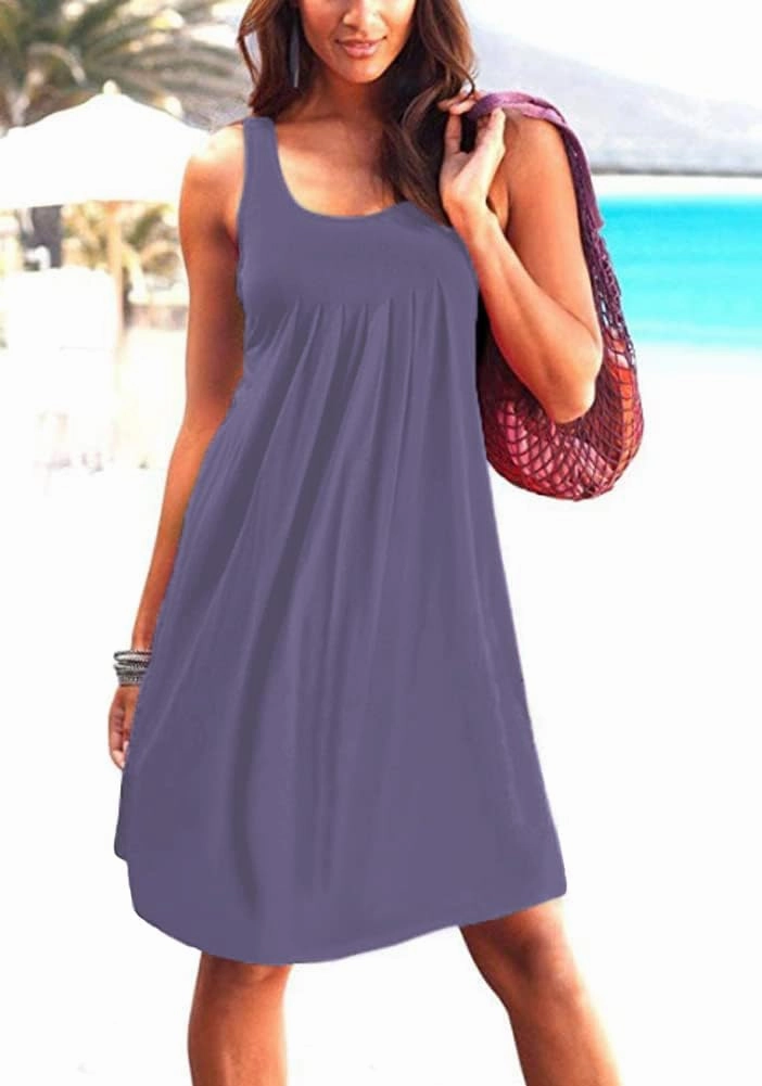 Camisunny Women Casual Loose Tank Dresses Sleeveless Beach Vacation Dress Swing Pleated U Neck Fashion Soft