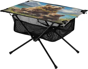 Camping Table Lightweight Portable Folding Table with Mesh Storage Net Bear Flower River Ideal for Camping Hiking Beach Picnic Travel Backyard