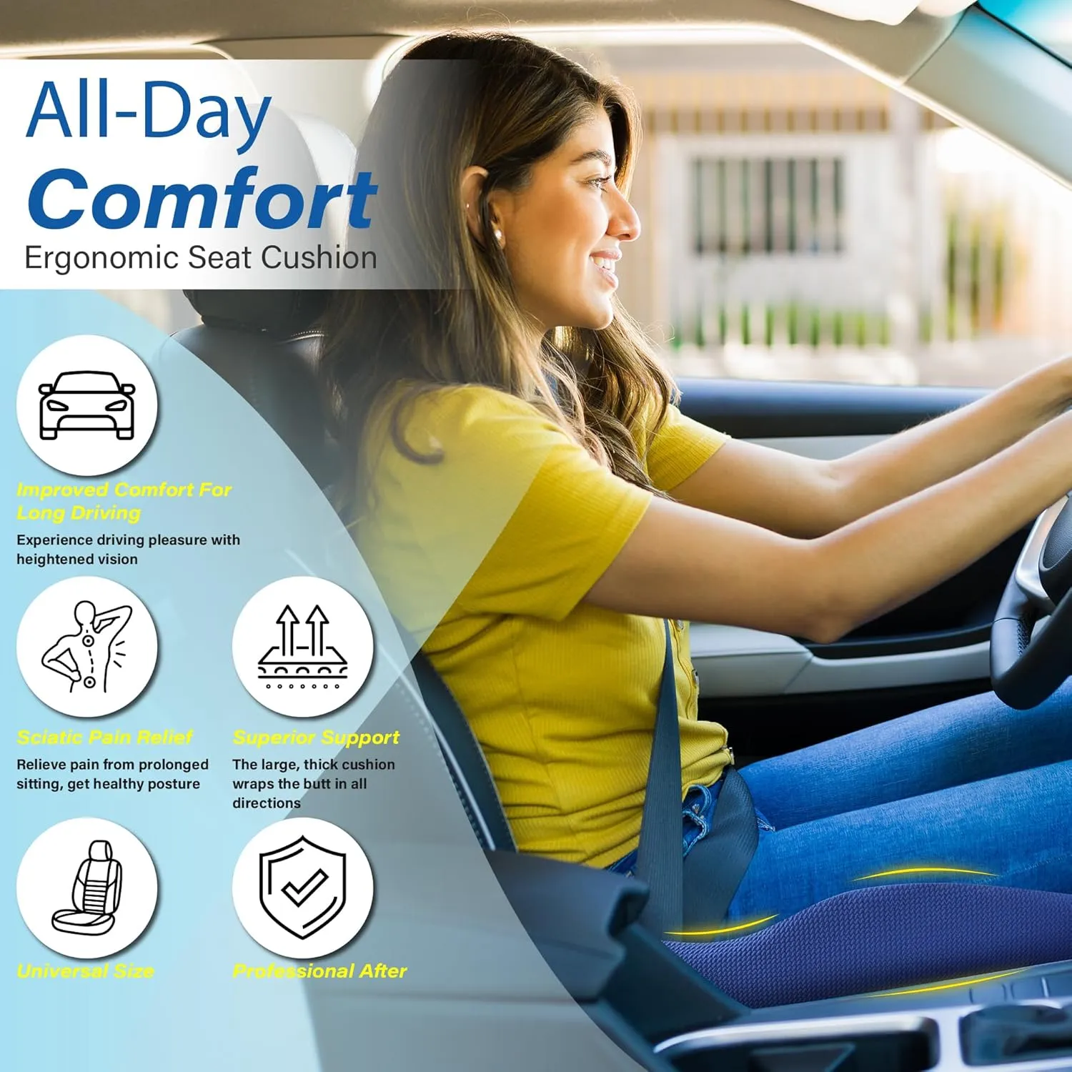 Car Seat Cushion, Ergonomic Memory Foam Butt Cushion for Sciatica Pain Relief, Adult Booster Seat for Short People, Car Pillow for Driving, Truck, Office, Wheelchair - Black&Blue