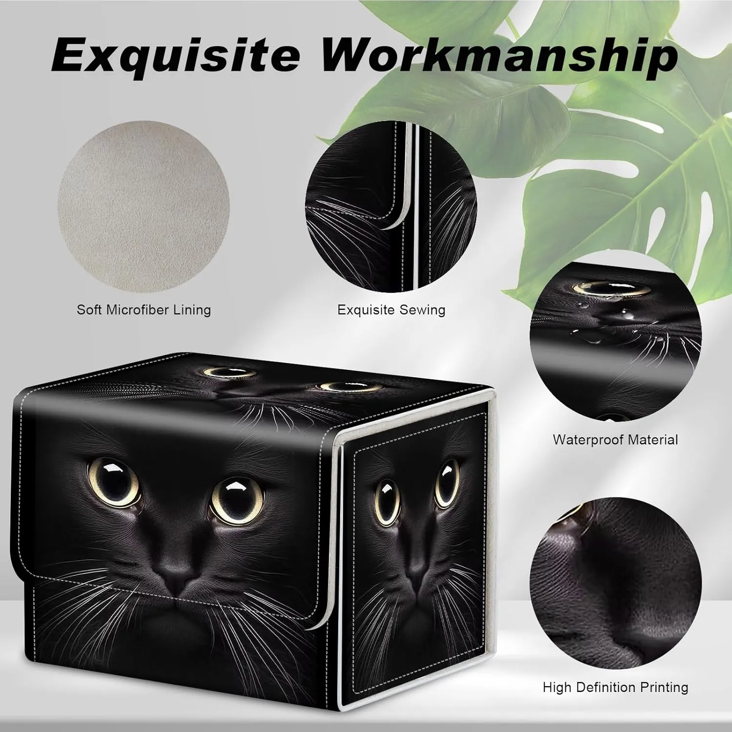 Card Game Storage Box TCG Deck Box MTG Card Box Organizer Trading Card Case Commander Deck Box TCG Card Storage Box Magnetic Closure Creative Pattern Up to 200 Cards, Cute Black Cat With Big Eyes