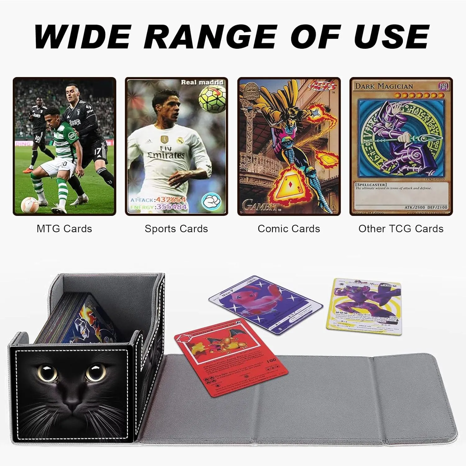 Card Game Storage Box TCG Deck Box MTG Card Box Organizer Trading Card Case Commander Deck Box TCG Card Storage Box Magnetic Closure Creative Pattern Up to 200 Cards, Cute Black Cat With Big Eyes