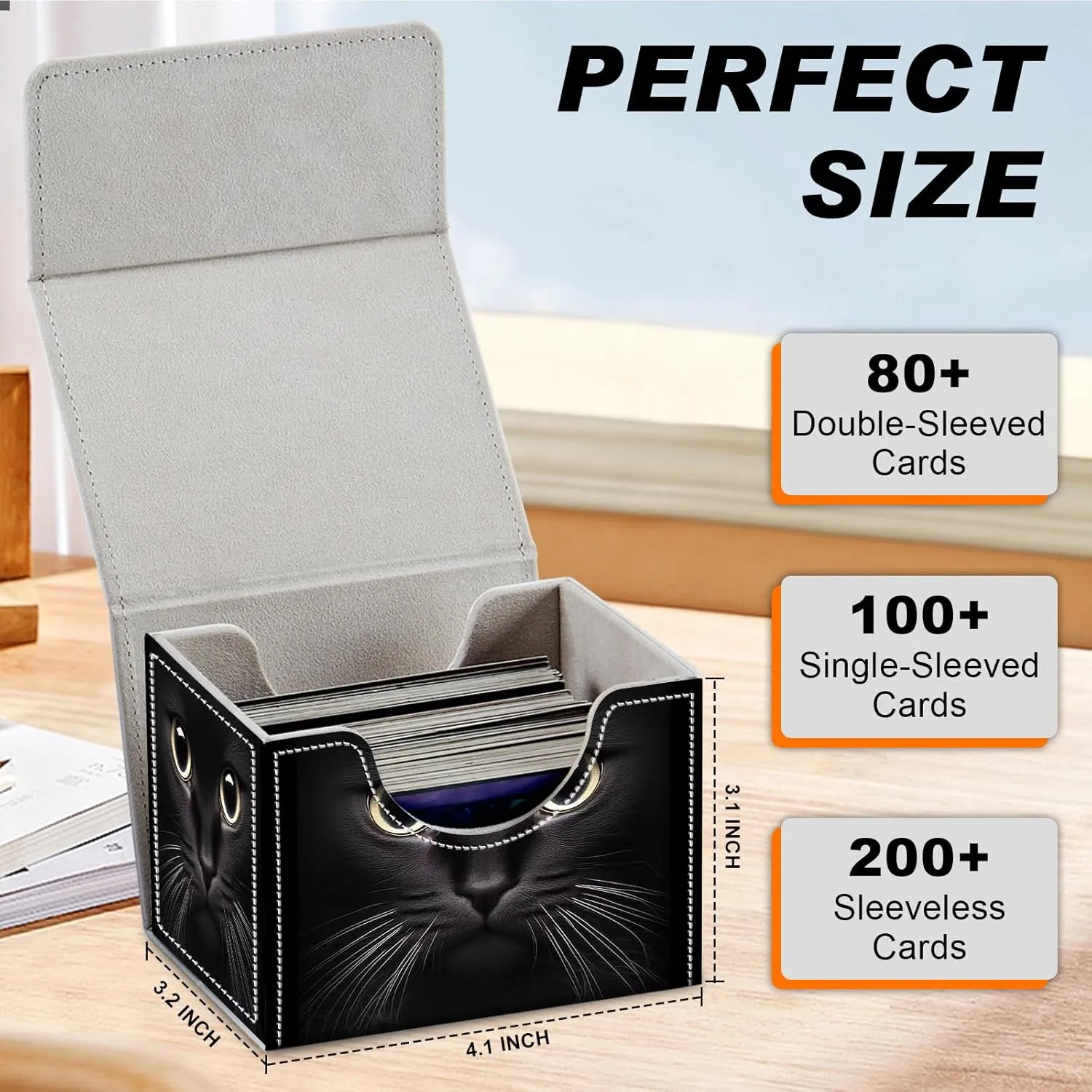 Card Game Storage Box TCG Deck Box MTG Card Box Organizer Trading Card Case Commander Deck Box TCG Card Storage Box Magnetic Closure Creative Pattern Up to 200 Cards, Cute Black Cat With Big Eyes