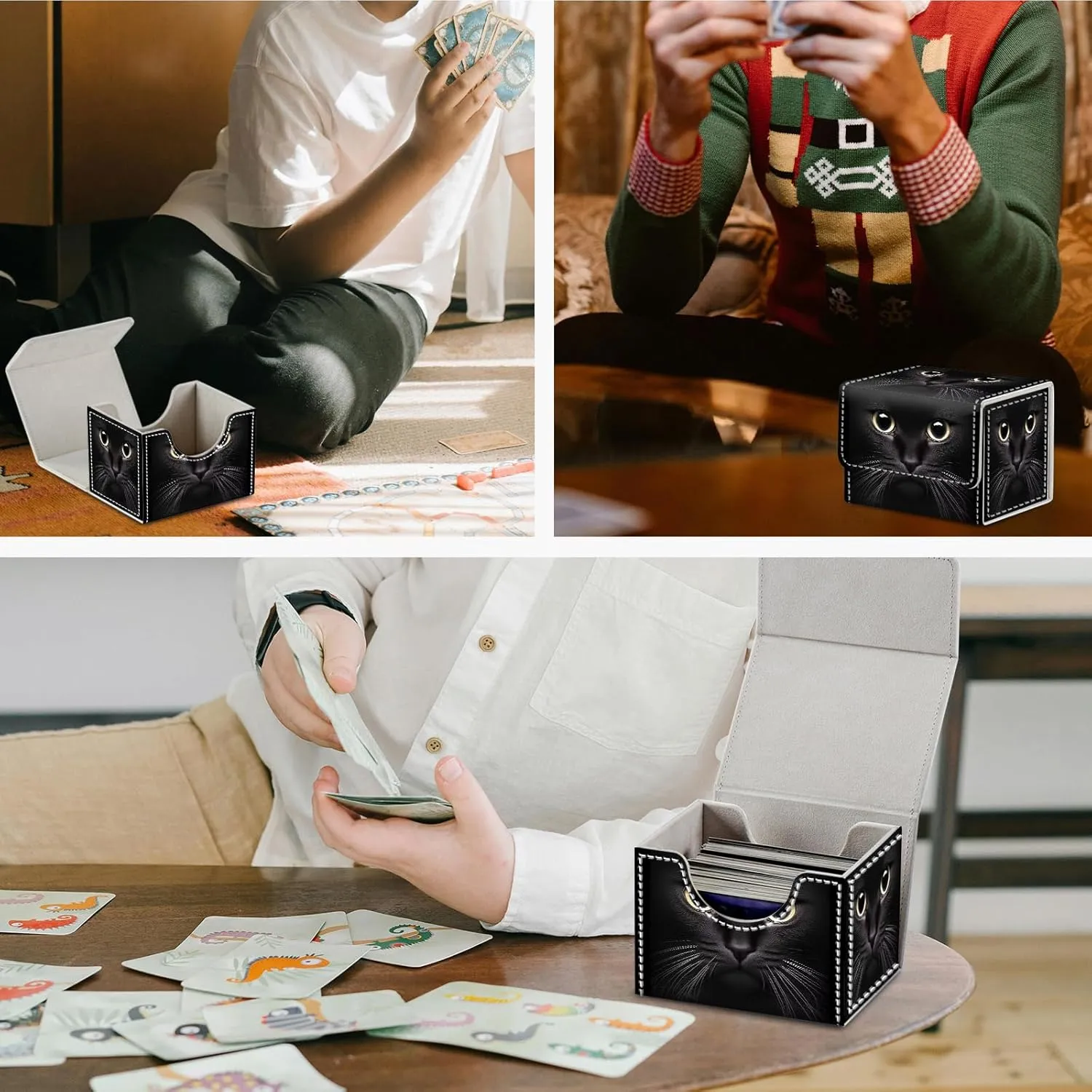 Card Game Storage Box TCG Deck Box MTG Card Box Organizer Trading Card Case Commander Deck Box TCG Card Storage Box Magnetic Closure Creative Pattern Up to 200 Cards, Cute Black Cat With Big Eyes