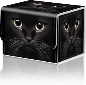Card Game Storage Box TCG Deck Box MTG Card Box Organizer Trading Card Case Commander Deck Box TCG Card Storage Box Magnetic Closure Creative Pattern Up to 200 Cards, Cute Black Cat With Big Eyes