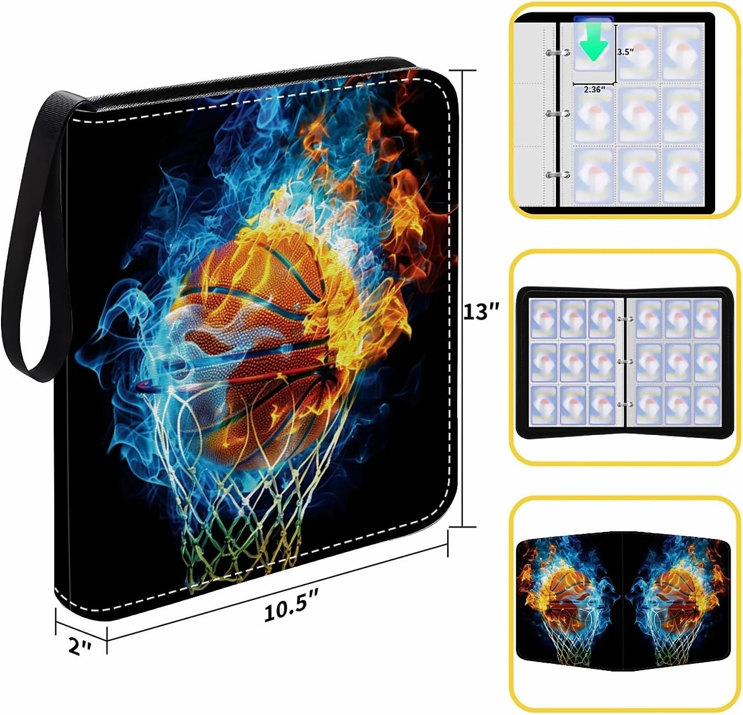 Card Binder 900 Pockets, 50 Sleeves Large Binder Trading Cards Holder 9 Pocket, Storage Organizer, Album Folder Case Protector Collector Gift Blue Red Flame Basketball Hoop Net