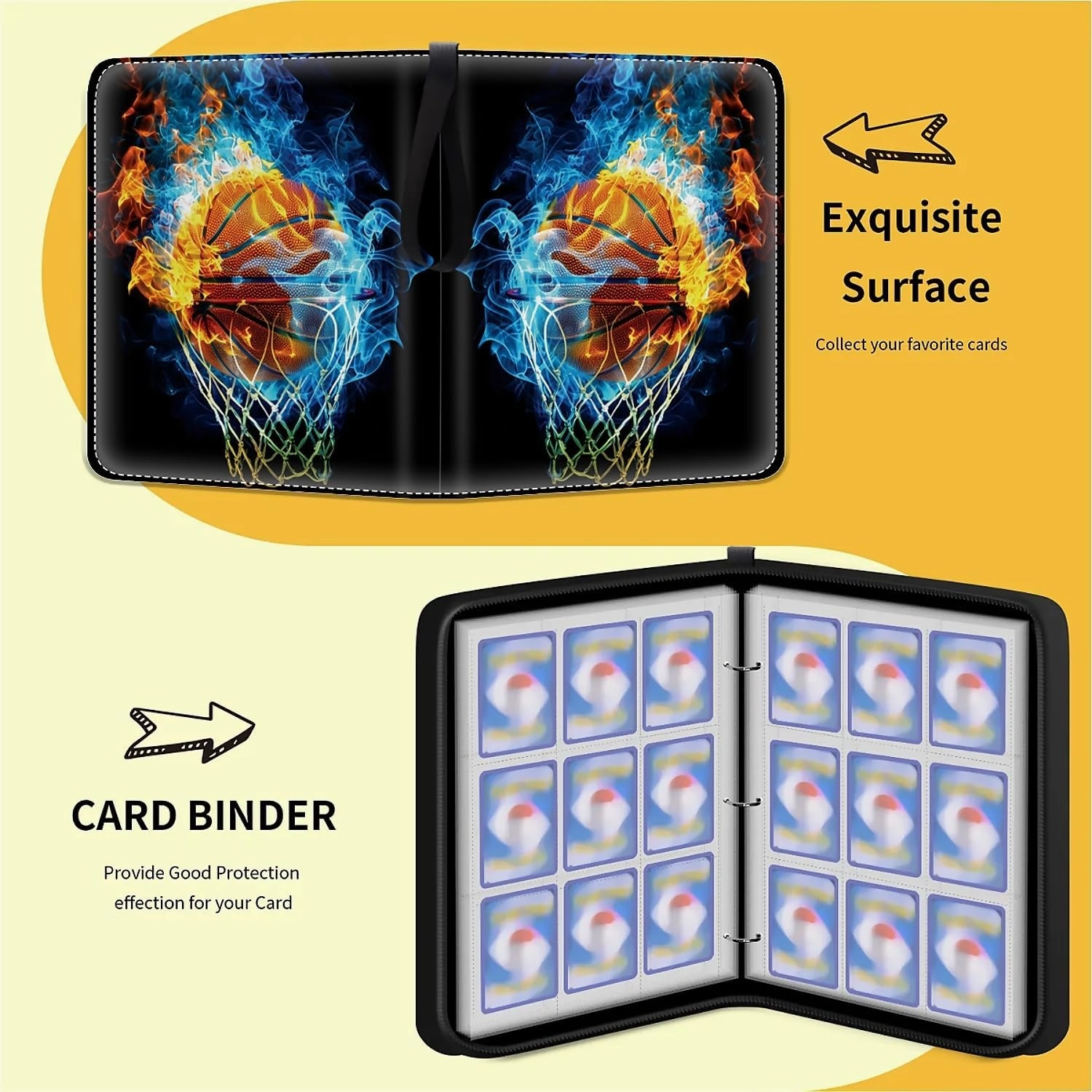 Card Binder 900 Pockets, 50 Sleeves Large Binder Trading Cards Holder 9 Pocket, Storage Organizer, Album Folder Case Protector Collector Gift Blue Red Flame Basketball Hoop Net