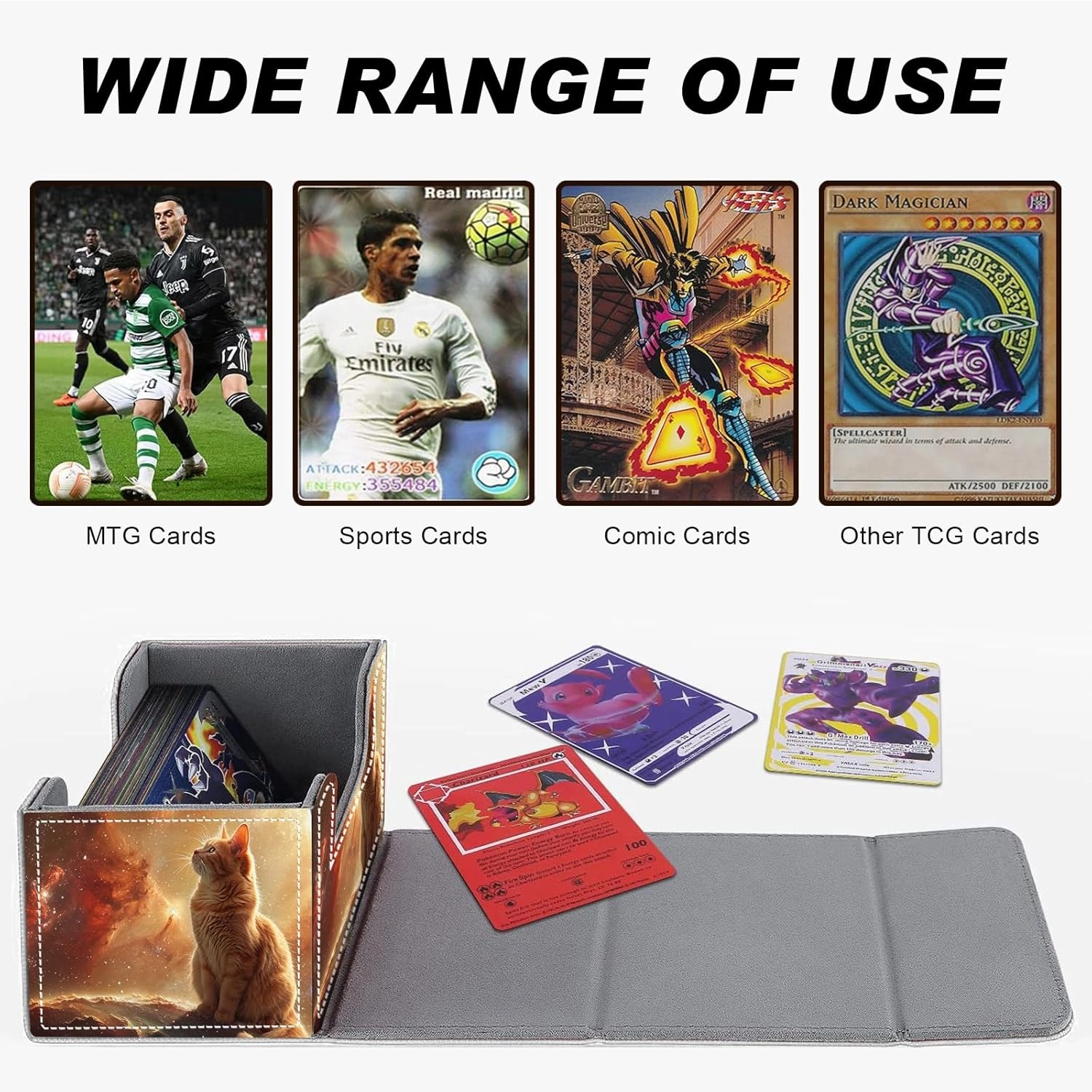 Card Game Storage Box TCG Deck Box MTG Card Box Organizer Trading Card Case Commander Deck Box TCG Card Storage Box Magnetic Closure Creative Pattern Up to 200 Cards, Orange And White Cat