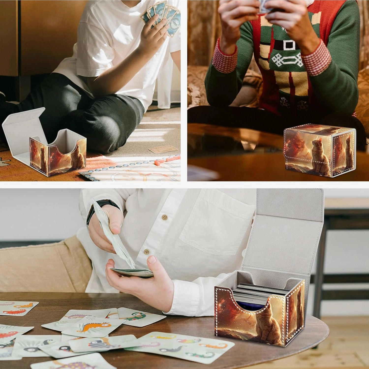 Card Game Storage Box TCG Deck Box MTG Card Box Organizer Trading Card Case Commander Deck Box TCG Card Storage Box Magnetic Closure Creative Pattern Up to 200 Cards, Orange And White Cat
