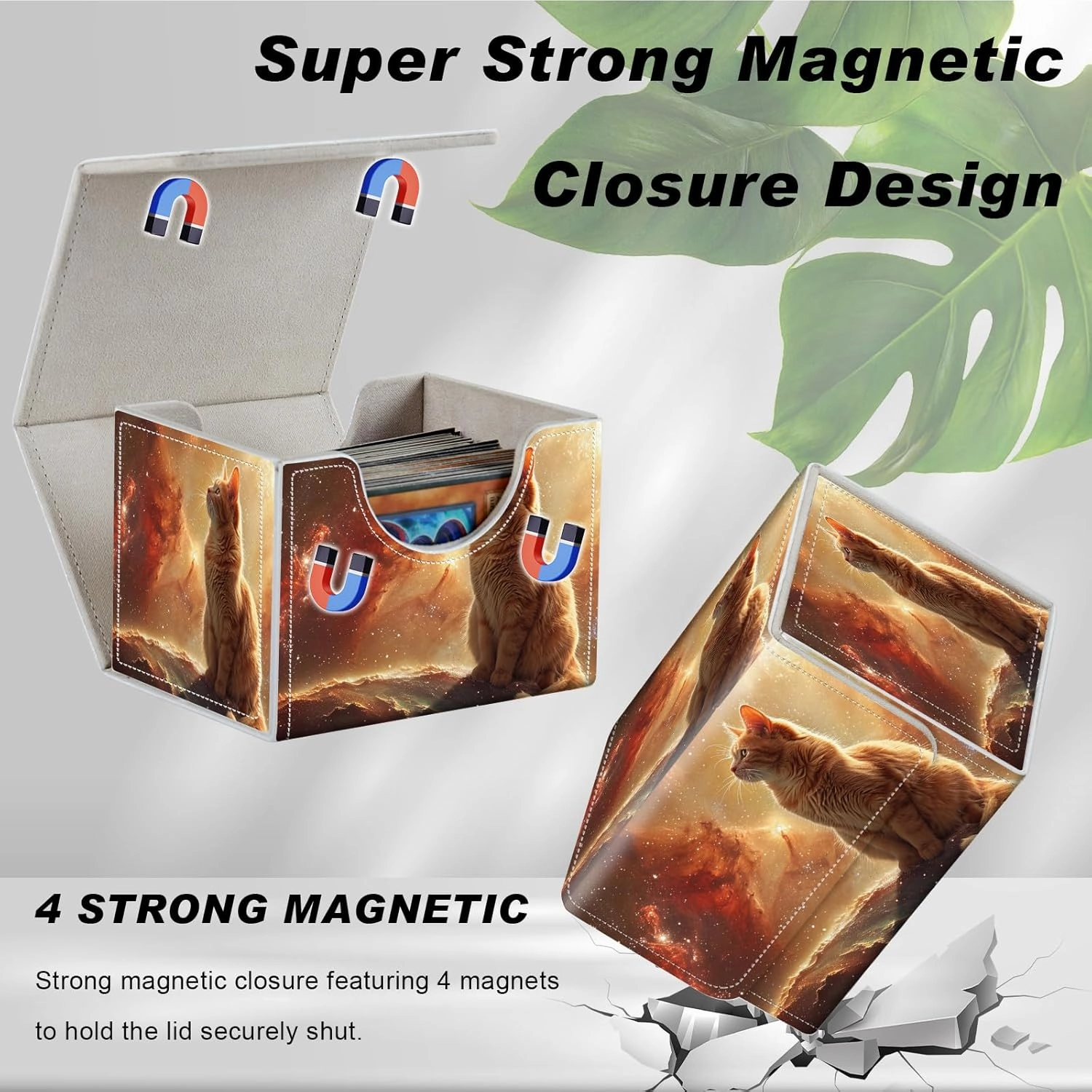 Card Game Storage Box TCG Deck Box MTG Card Box Organizer Trading Card Case Commander Deck Box TCG Card Storage Box Magnetic Closure Creative Pattern Up to 200 Cards, Orange And White Cat