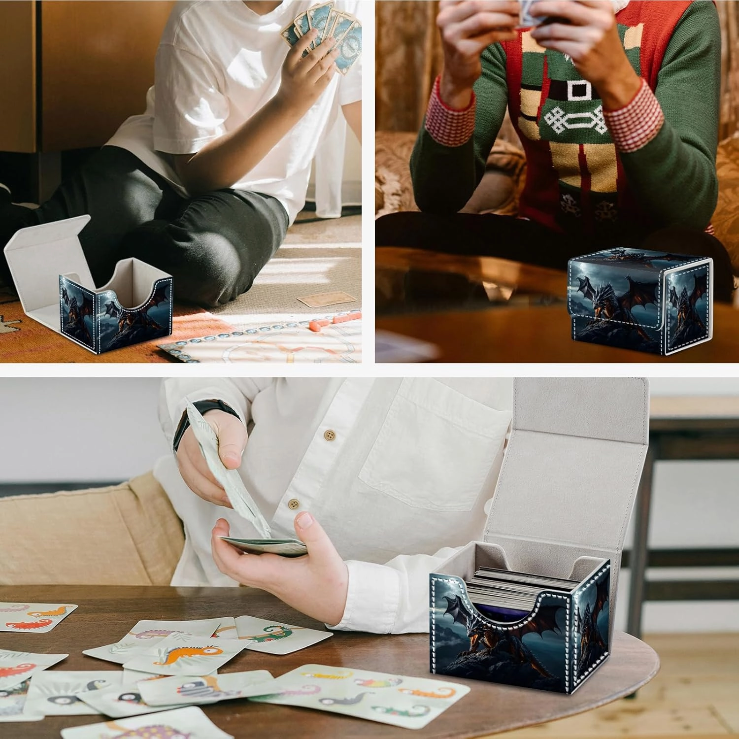 Card Game Storage Box TCG Deck Box MTG Card Box Organizer Trading Card Case Commander Deck Box TCG Card Storage Box Magnetic Closure Creative Pattern Up to 200 Cards, Rock Wings Black Dragon Fire