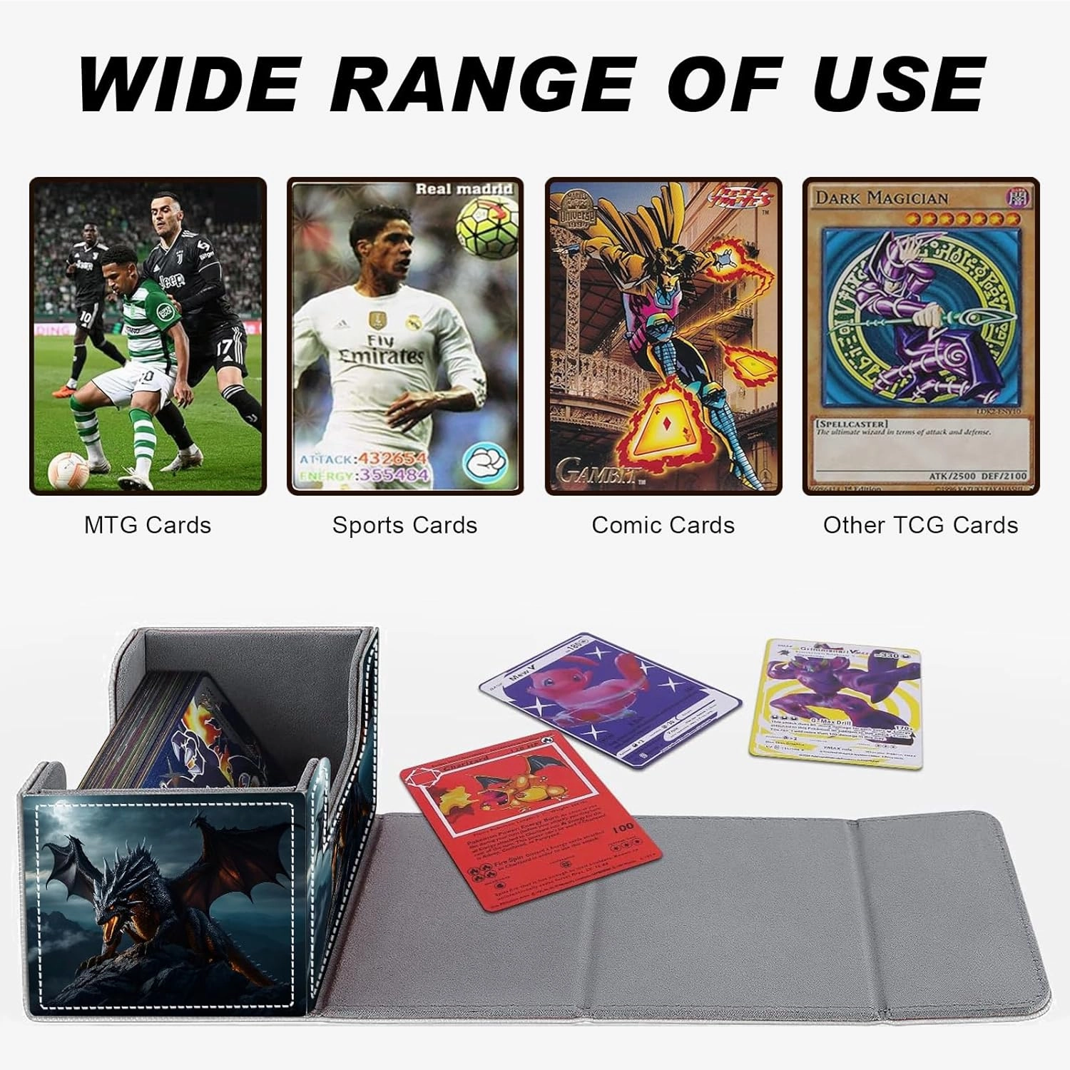 Card Game Storage Box TCG Deck Box MTG Card Box Organizer Trading Card Case Commander Deck Box TCG Card Storage Box Magnetic Closure Creative Pattern Up to 200 Cards, Rock Wings Black Dragon Fire