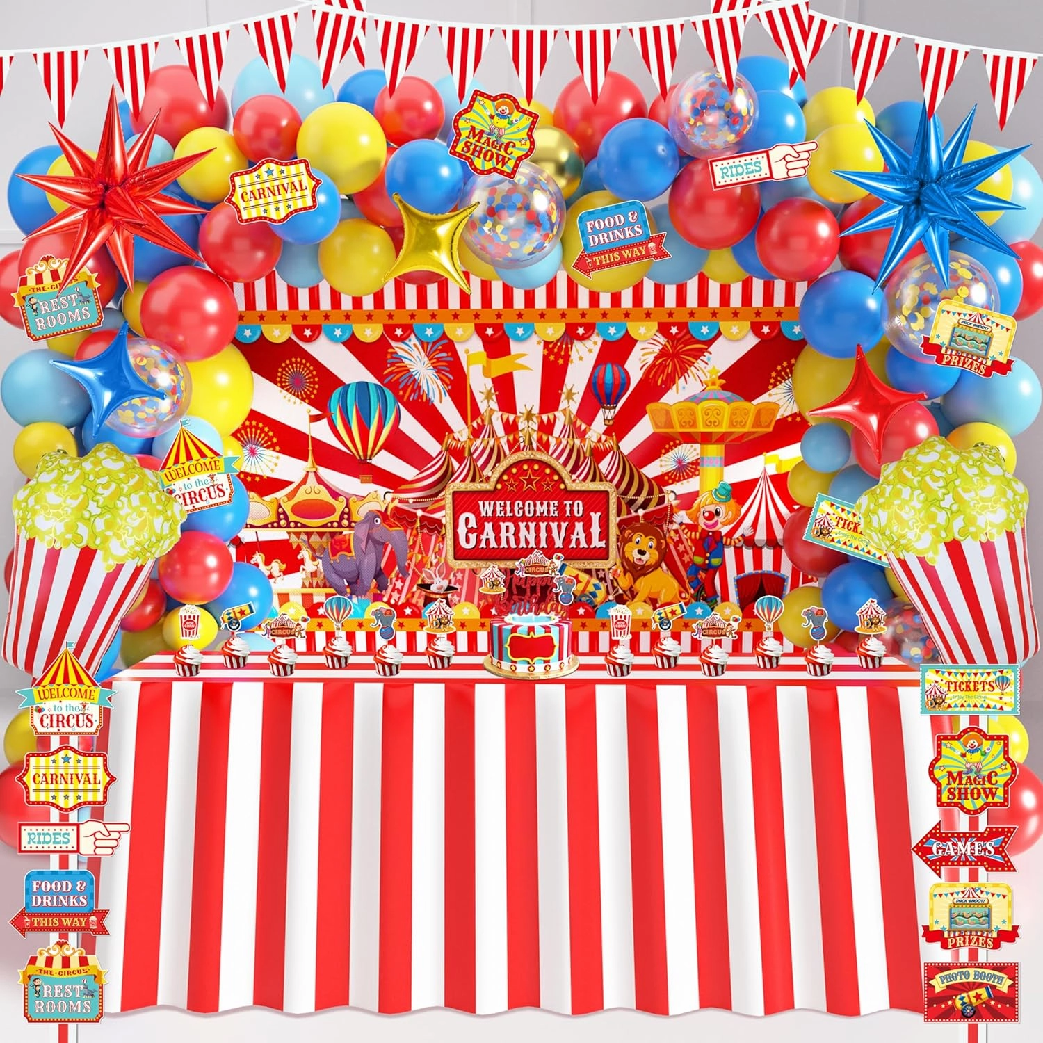 Carnival Party Decorations Circus Theme Birthday Party Supplies Including Red Blue Yellow Balloon Garland Arch Kit Table Skirt Circus Directional Sign Triangle Bunting for Birthday Party