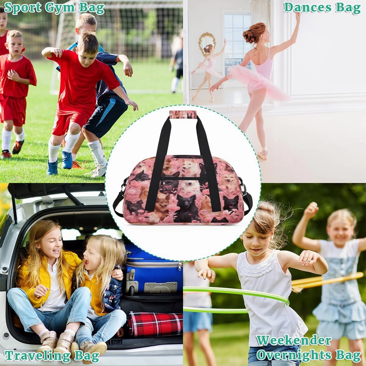Cartoon Print Dog Kids Overnighter Duffel Bags for Boys, Carry-On Size Sports Gym Bag with Front Zipper Pocket for School Practice or Overnight Travel Weekender Sleepover Tote Bag
