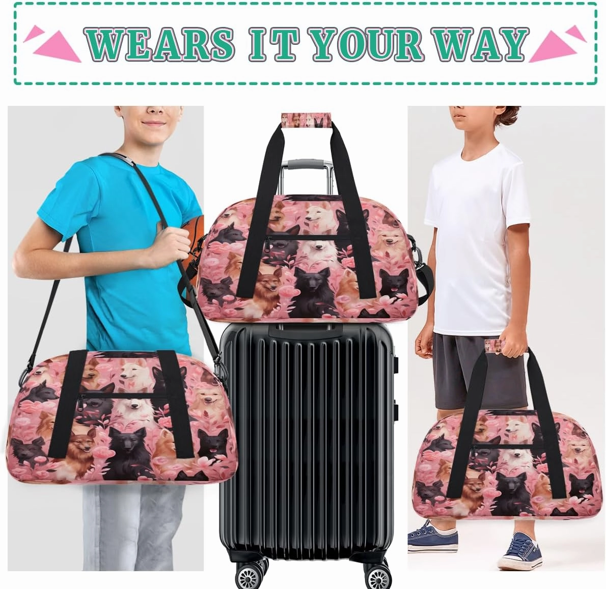 Cartoon Print Dog Kids Overnighter Duffel Bags for Boys, Carry-On Size Sports Gym Bag with Front Zipper Pocket for School Practice or Overnight Travel Weekender Sleepover Tote Bag