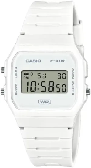 Casio F-91WB Series | Men’s Digital Watch | White | Bio-Based Resin Band | LED Backlight | Stopwatch | Daily Alarm | Auto Calendar | 12/24 Hour Format | Water Resistant | 7 Year Battery
