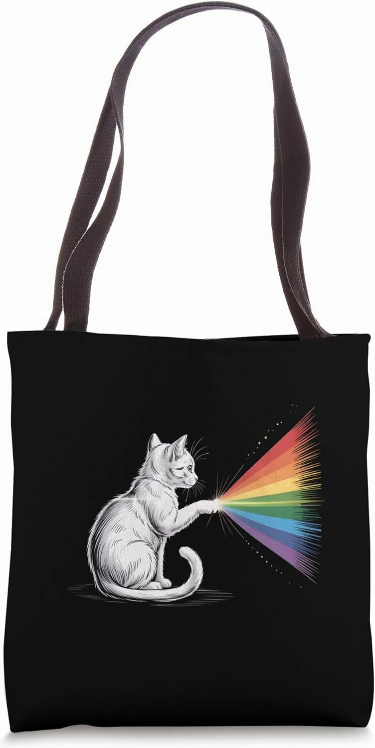Cat Holding Light Beam Turning into Rainbow Spectrum Tote Bag
