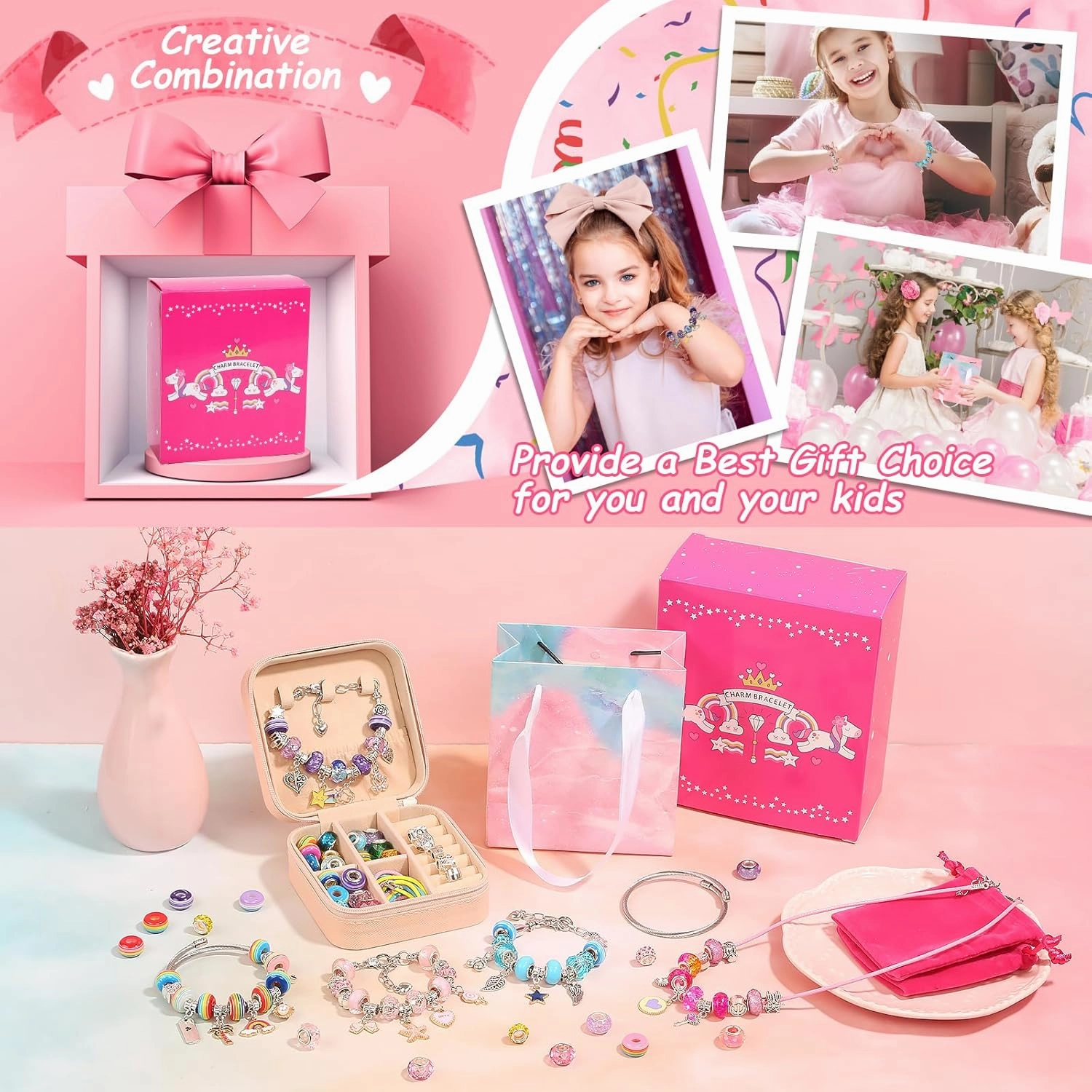 Charm Bracelet Making Kit for Girls, 140 PCS DIY Craft Bead Sets Jewelry Making Kit for Teen Girls Age 8-12, Portable Bracelet Organizer Gift Box for Teenage Birthday Christmas Stocking Gift