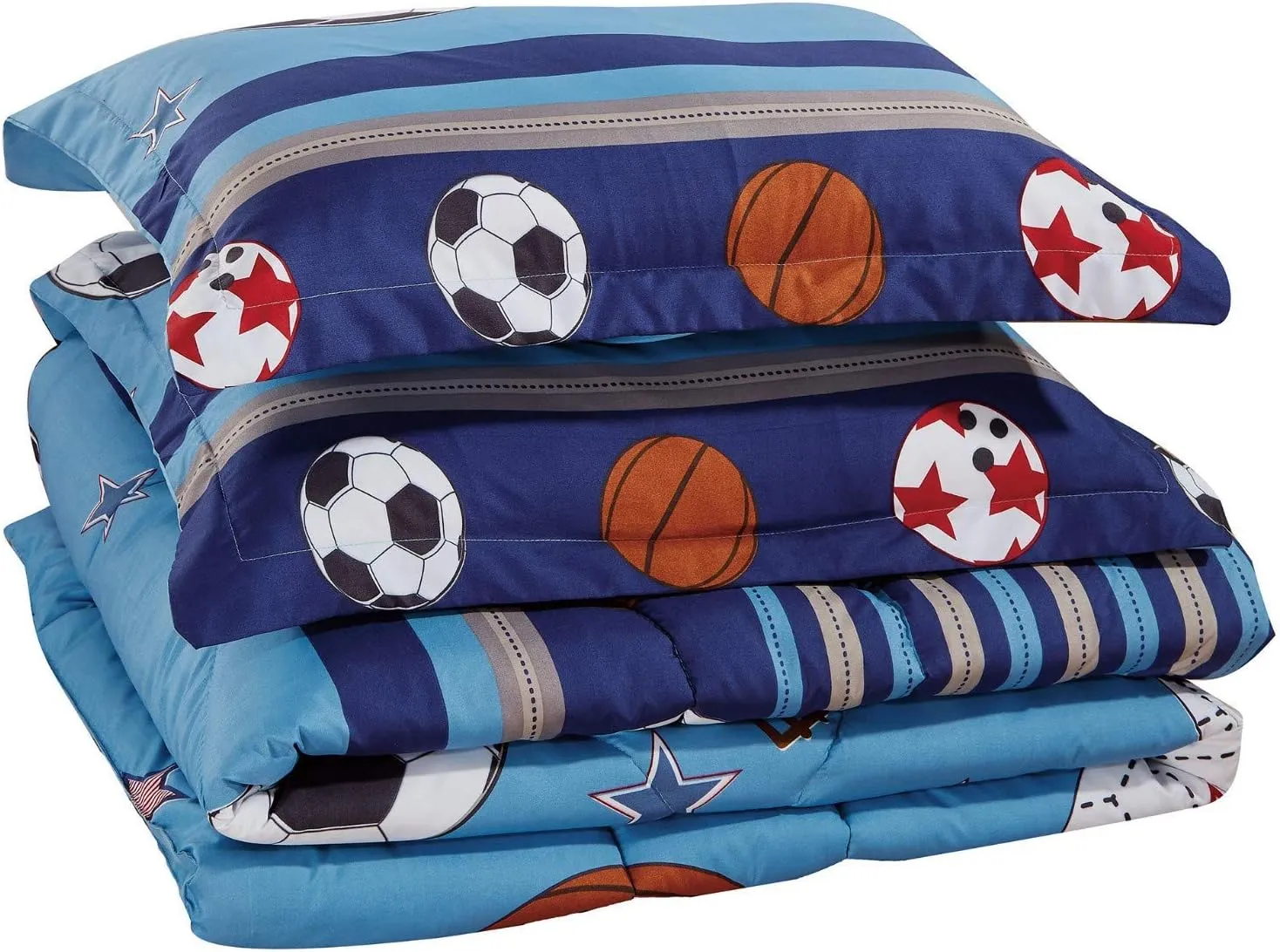 Chezmoi Collection 6-Piece Kids/Teens Mini Bed in a Bag - Soft Microfiber Navy Blue Black Orange Red White Basketball Football Soccer, Sports Comforter Set with Fitted Sheet Queen Size