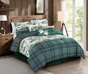 Chezmoi Collection Basin 7-Piece Northwest Cabin Lodge Comforter Set - Blue Green Ivory Tan Grizzly Bear Pine Tree Wilderness Printed Microfiber Bedding, Queen