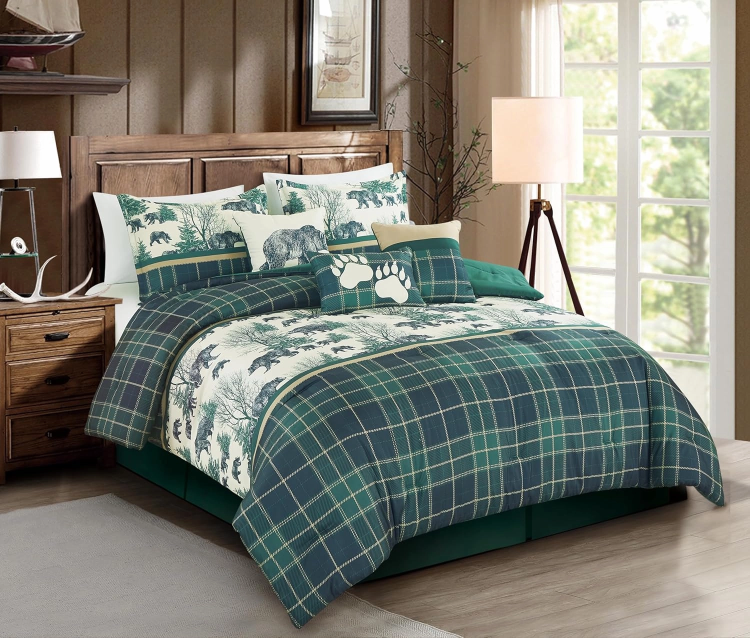 Chezmoi Collection Basin 7-Piece Northwest Cabin Lodge Comforter Set - Blue Green Ivory Tan Grizzly Bear Pine Tree Wilderness Printed Microfiber Bedding, Queen