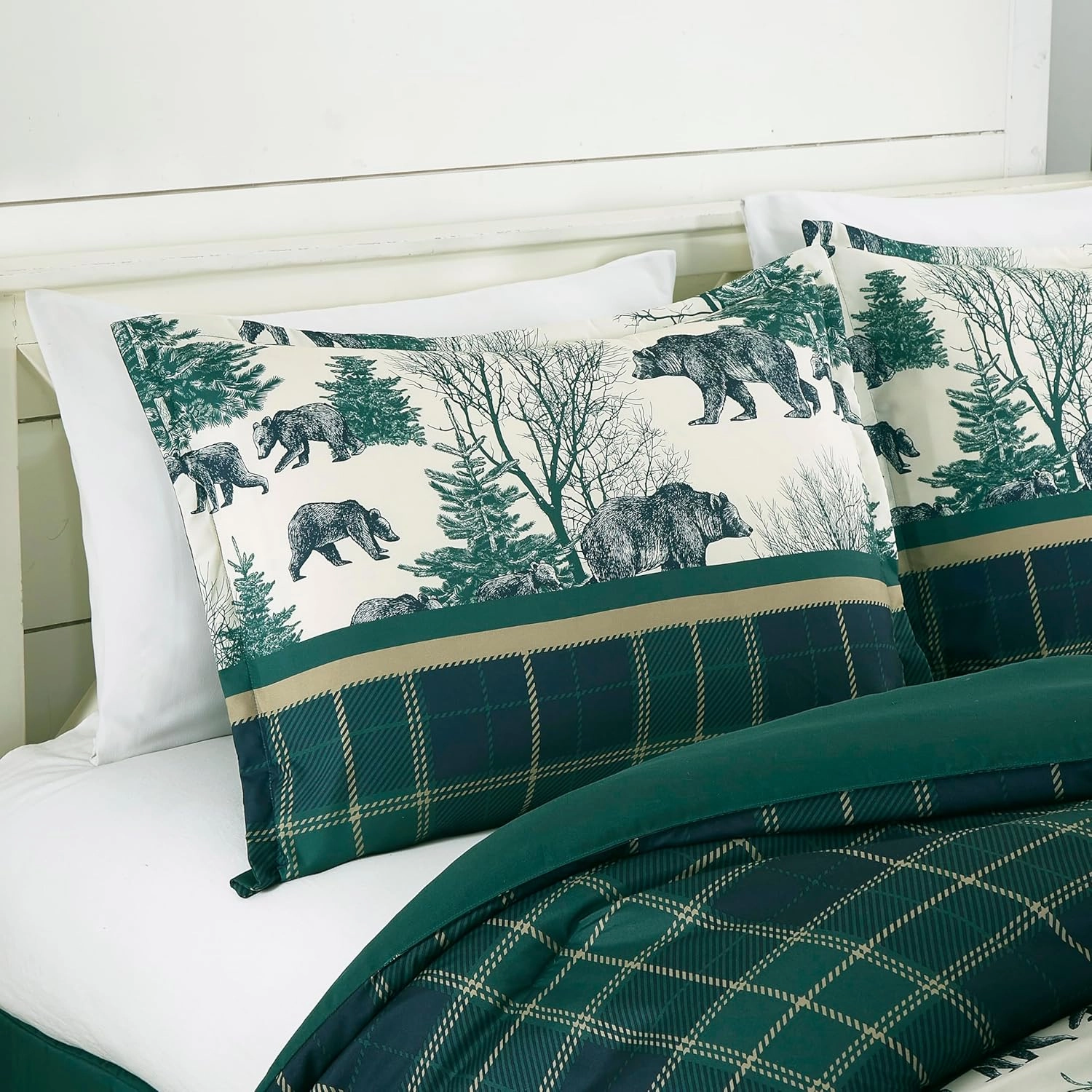 Chezmoi Collection Basin 7-Piece Northwest Cabin Lodge Comforter Set - Blue Green Ivory Tan Grizzly Bear Pine Tree Wilderness Printed Microfiber Bedding, Queen