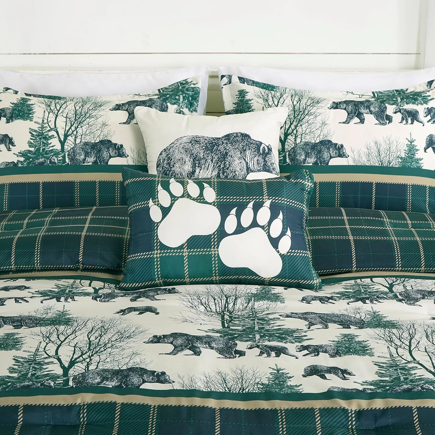 Chezmoi Collection Basin 7-Piece Northwest Cabin Lodge Comforter Set - Blue Green Ivory Tan Grizzly Bear Pine Tree Wilderness Printed Microfiber Bedding, Queen