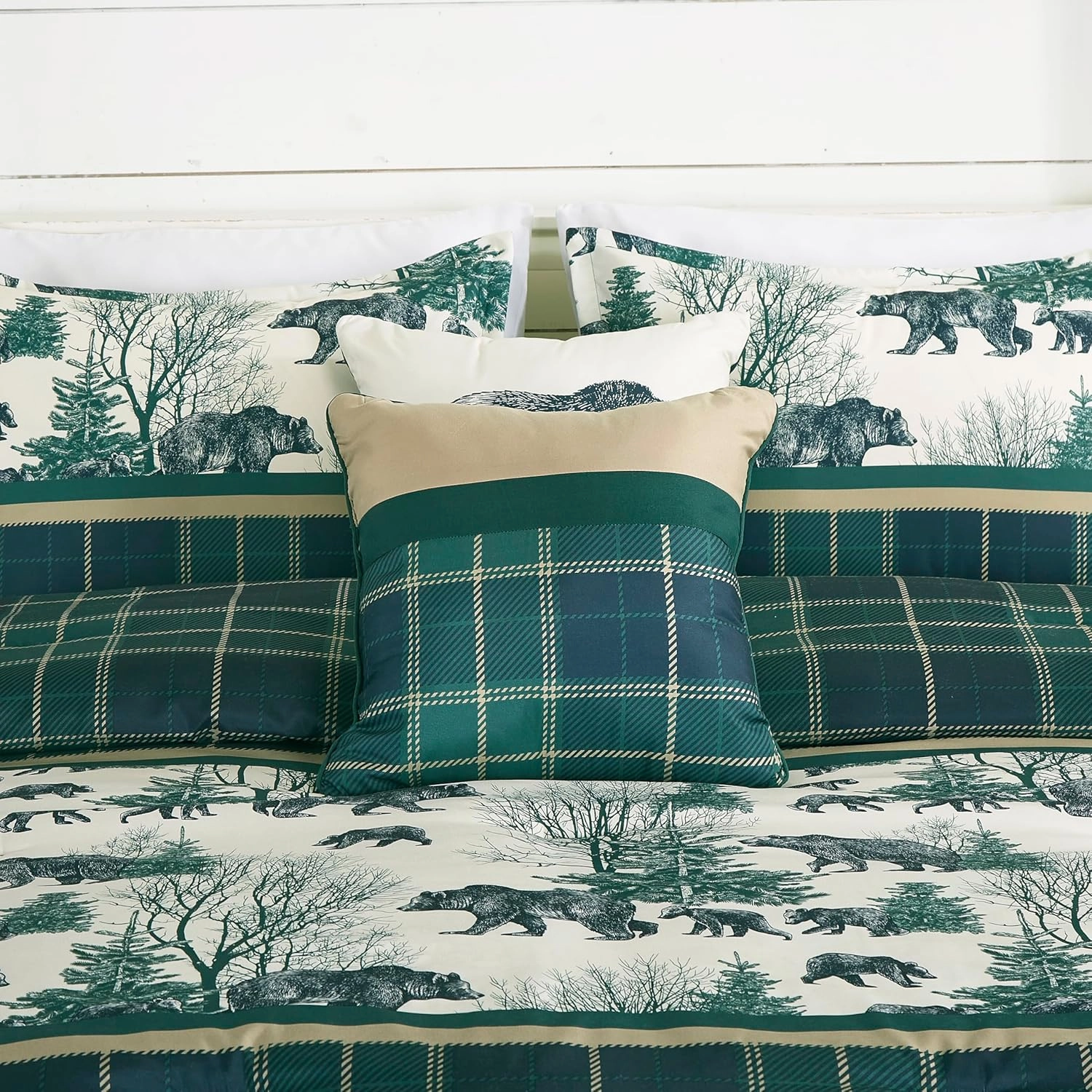 Chezmoi Collection Basin 7-Piece Northwest Cabin Lodge Comforter Set - Blue Green Ivory Tan Grizzly Bear Pine Tree Wilderness Printed Microfiber Bedding, Queen