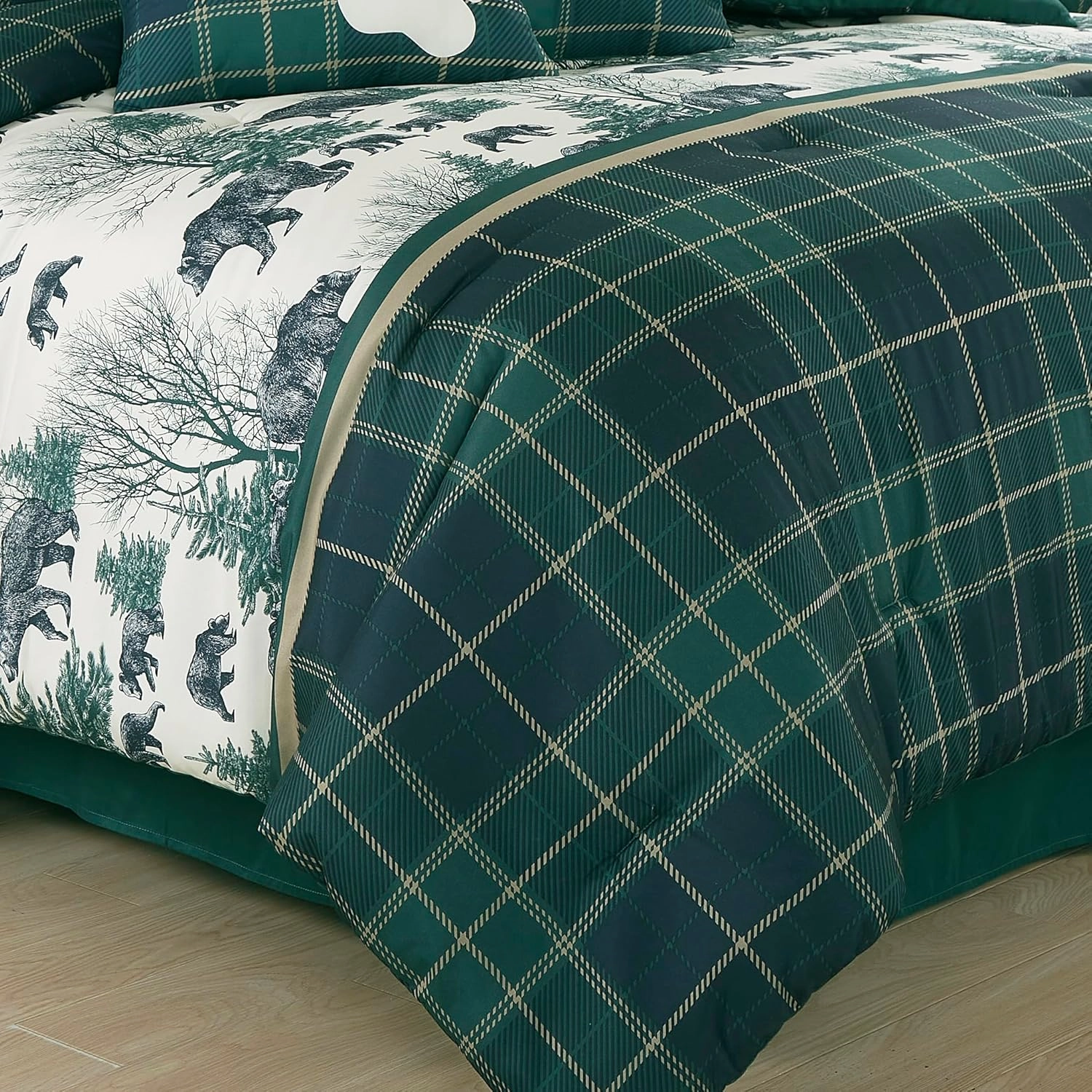 Chezmoi Collection Basin 7-Piece Northwest Cabin Lodge Comforter Set - Blue Green Ivory Tan Grizzly Bear Pine Tree Wilderness Printed Microfiber Bedding, Queen