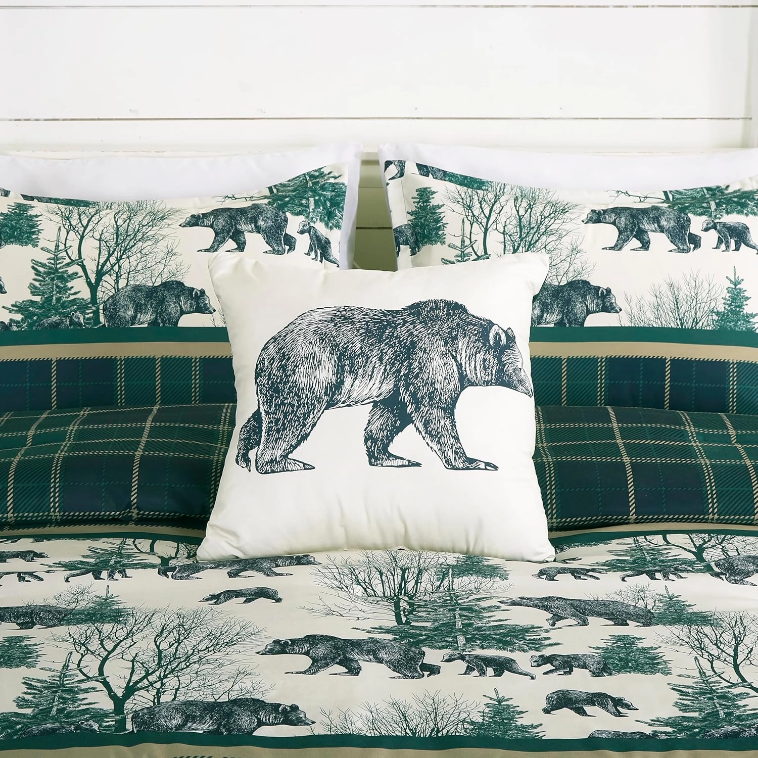 Chezmoi Collection Basin 7-Piece Northwest Cabin Lodge Comforter Set - Blue Green Ivory Tan Grizzly Bear Pine Tree Wilderness Printed Microfiber Bedding, Queen