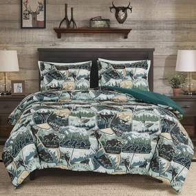 Chezmoi Collection Bishop 3-Piece North Lake Motif Comforter Set - Multicolor Blue Green Brown Black Printed Washed Cabin Lodge Microfiber Bedding, Queen
