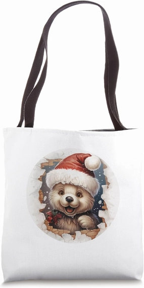 Christmas Animal Break Through - Bear - Funny Festive Tote Bag