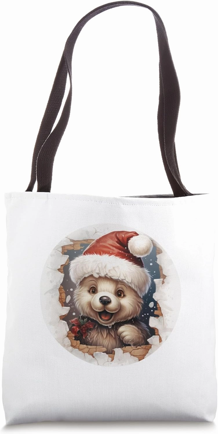 Christmas Animal Break Through - Bear - Funny Festive Tote Bag