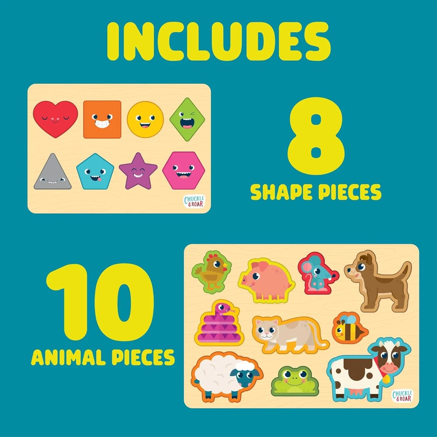 Chuckle & Roar Jigsaw Wooden Puzzles Shapes and Animals 2 Pack