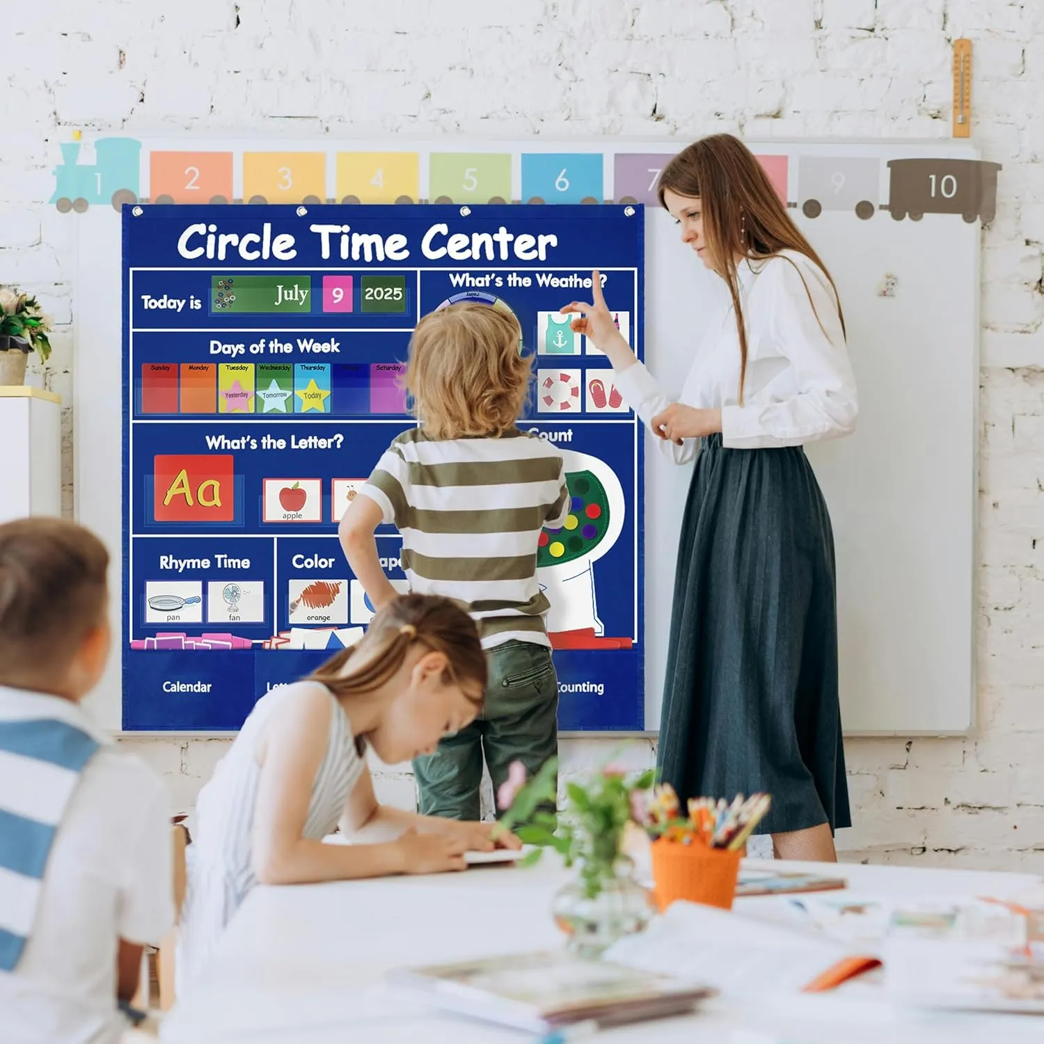 Circle Time Learning Center Classroom Pocket Chart, Educational Teaching Materials with Cards for Preschool, Learning Calendar Weather Letter Rhyme Color Shape Counting Number etc, Blue