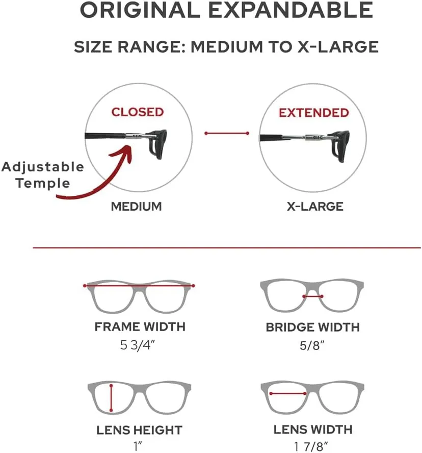 Clic Magnetic Reading Glasses (Expandable), Adjustable Temple Computer Readers, Original Expandable, (M-XL, Black, 1.25 Magnification)