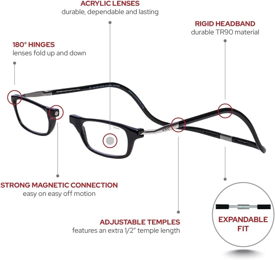 Clic Magnetic Reading Glasses (Expandable), Adjustable Temple Computer Readers, Original Expandable, (M-XL, Black, 1.25 Magnification)