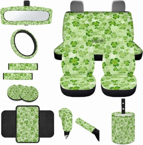 CLOHOMIN Green Leaf Car Seat Cover Set Music Note Steering Wheel Cover Seat Belt Cover Trash Can Rearview Mirror Cover Coaster St. Patrick's Day Center Console Pad Gear Shift Knob Cover Set, 14 Pack