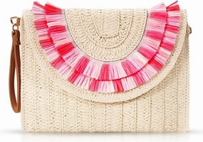 Clutch Purses for Women, Straw Beach Bag, Bohemian Handmade Woven Envelope Package, Tassel Summer Handbags for Vacation, Travel(Rose Green)