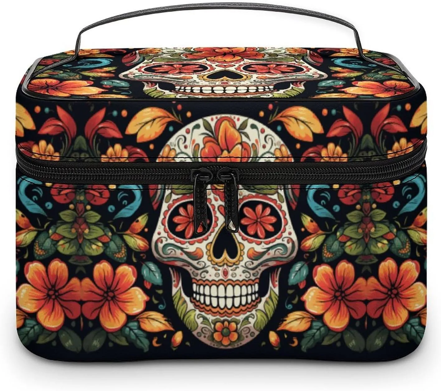 Colorful Sugar Skull Makeup Bag, Cosmetic Organizer Case Large Portable Capacity Make Up Bags Women Travel Toiletry Bags with Handle And Divider