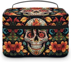 Colorful Sugar Skull Makeup Bag, Cosmetic Organizer Case Large Portable Capacity Make Up Bags Women Travel Toiletry Bags with Handle And Divider