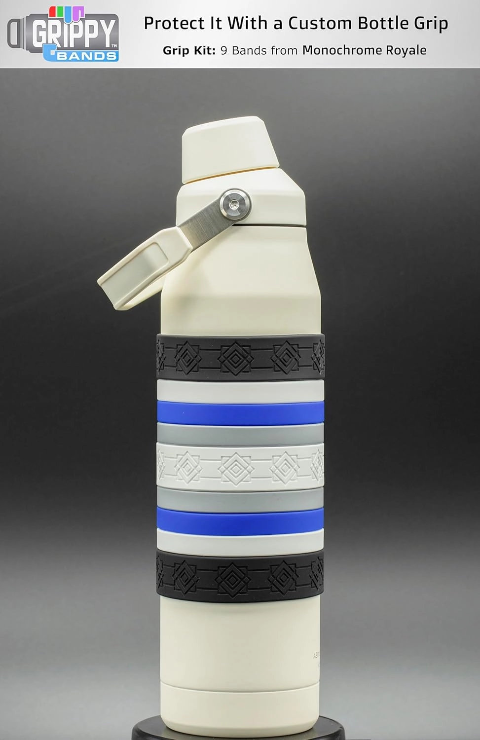 Colorful Water Bottle Grip Kit - MONOCHROME ROYALE: Large - 12 Silicone Bands for Superior Grip, Style, & Protection - Arrange Them Your Own Way.