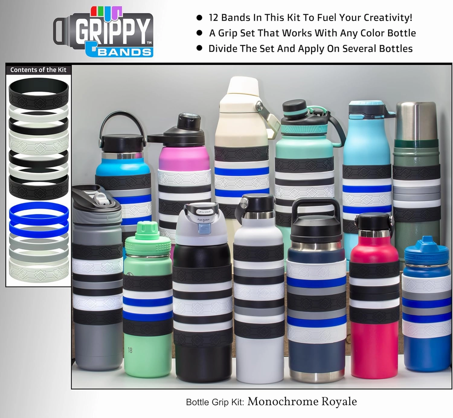Colorful Water Bottle Grip Kit - MONOCHROME ROYALE: Large - 12 Silicone Bands for Superior Grip, Style, & Protection - Arrange Them Your Own Way.