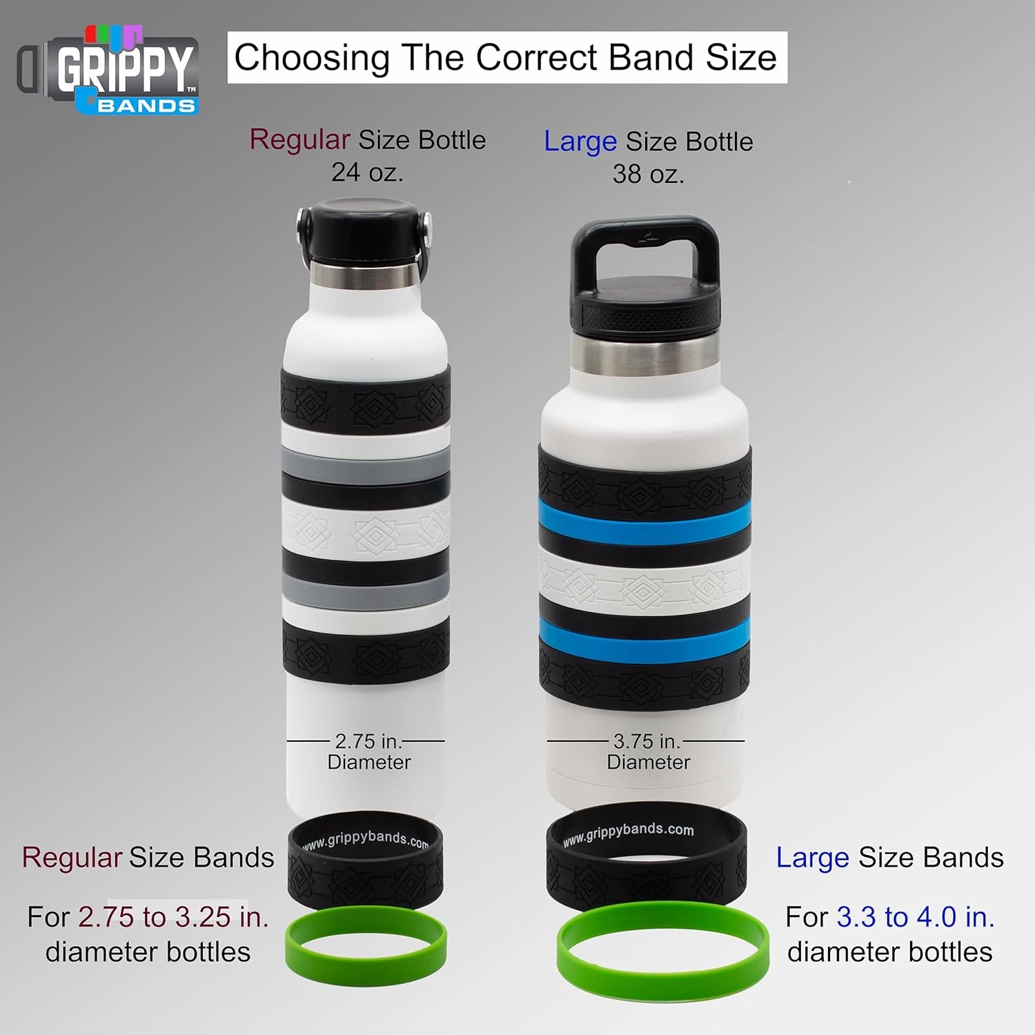 Colorful Water Bottle Grip Kit - MONOCHROME ROYALE: Large - 12 Silicone Bands for Superior Grip, Style, & Protection - Arrange Them Your Own Way.