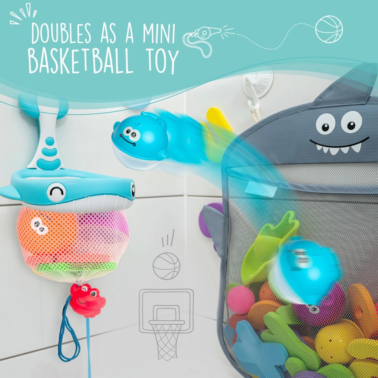 Comfylife Baby Bath Toy Organizer - Bath Toy Storage for Shower - Bathtub Toy Organizer Includes Foam Bath Toys (Numbers & Letters & Squirty Toys)   Extra Net That Doubles as a Toy