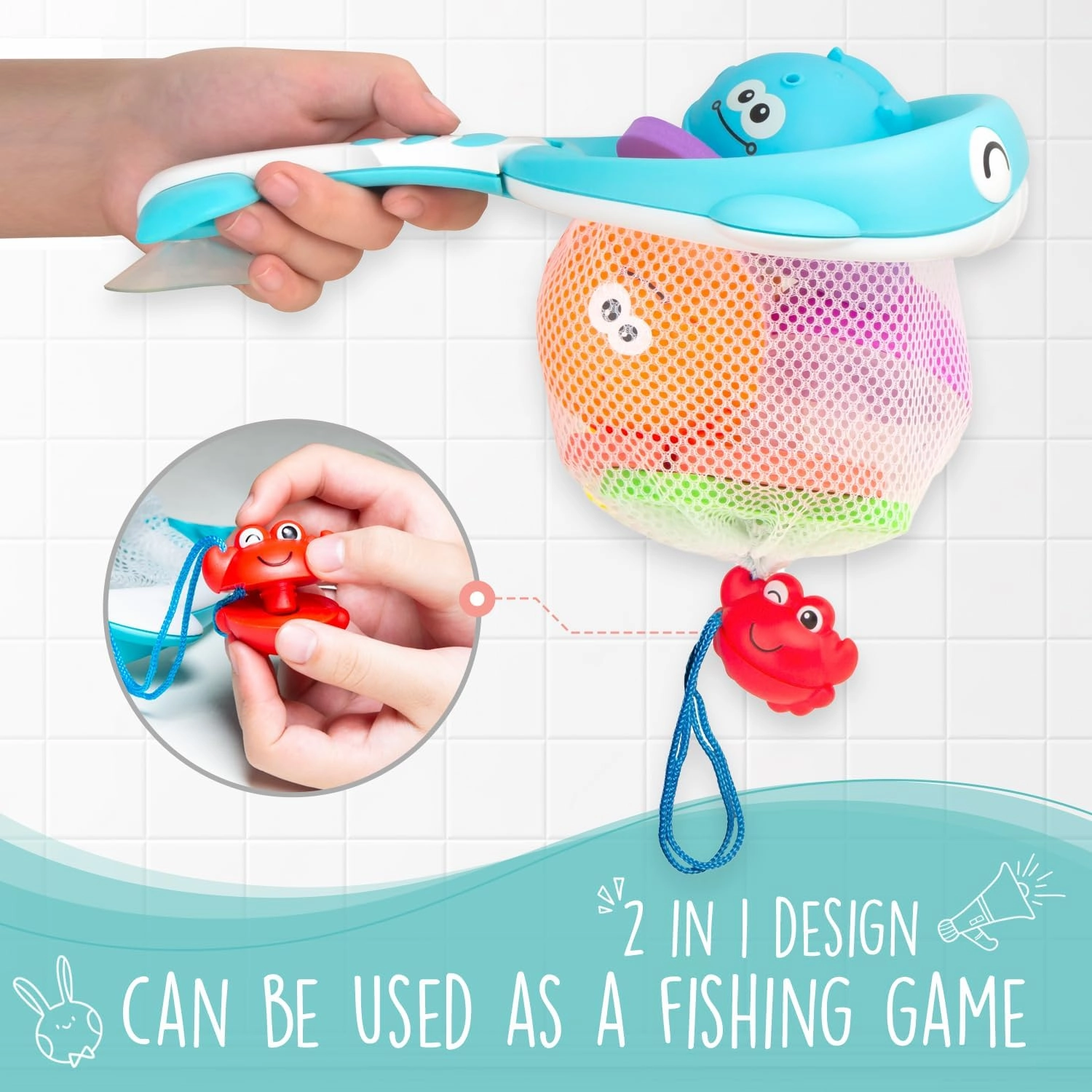 Comfylife Baby Bath Toy Organizer - Bath Toy Storage for Shower - Bathtub Toy Organizer Includes Foam Bath Toys (Numbers & Letters & Squirty Toys)   Extra Net That Doubles as a Toy