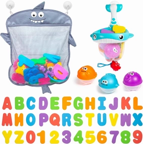 Comfylife Baby Bath Toy Organizer - Bath Toy Storage for Shower - Bathtub Toy Organizer Includes Foam Bath Toys (Numbers & Letters & Squirty Toys)   Extra Net That Doubles as a Toy