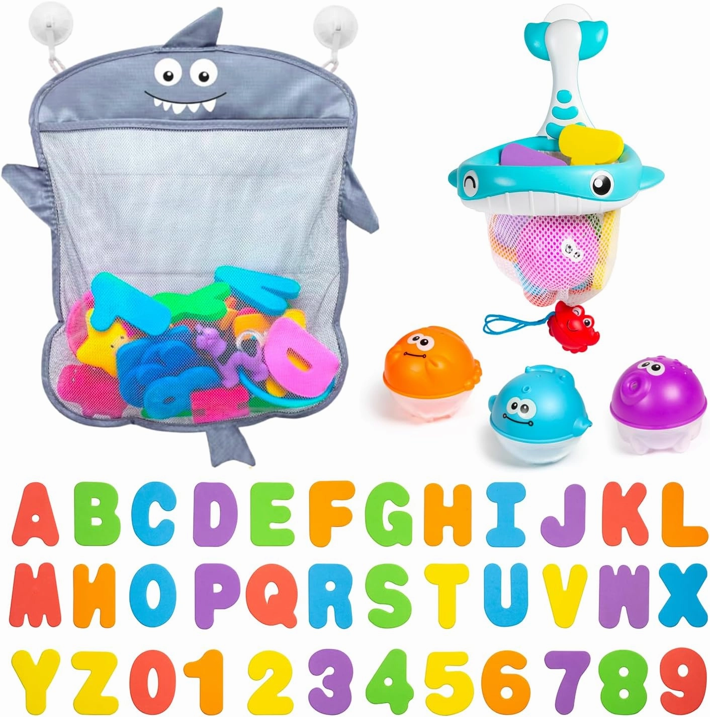 Comfylife Baby Bath Toy Organizer - Bath Toy Storage for Shower - Bathtub Toy Organizer Includes Foam Bath Toys (Numbers & Letters & Squirty Toys)   Extra Net That Doubles as a Toy