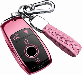 Compatible with Mercedes Benz Key Fob Cover with Keychain,Soft TPU 360 Degree Protection Key Shell Case for 2019-2021 A-Class C-Class G-Class 2017-2020 E-Class S-Class (Pink)