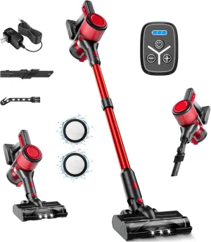 Cordless Vacuum Cleaner for Home - Lightweight, 30Kpa Stick Vacuum Clean with Rechargeable Battery, Max 45Mins Runtime, 8 in 1 Handheld Vacuum for Hardfloor & Carpets Pet Hair, Red